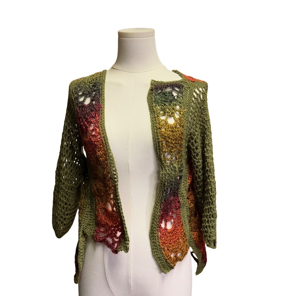 Handmade Crochet Cardigan Open Front Shrug Multi-Color Green Orange Boho Cropped